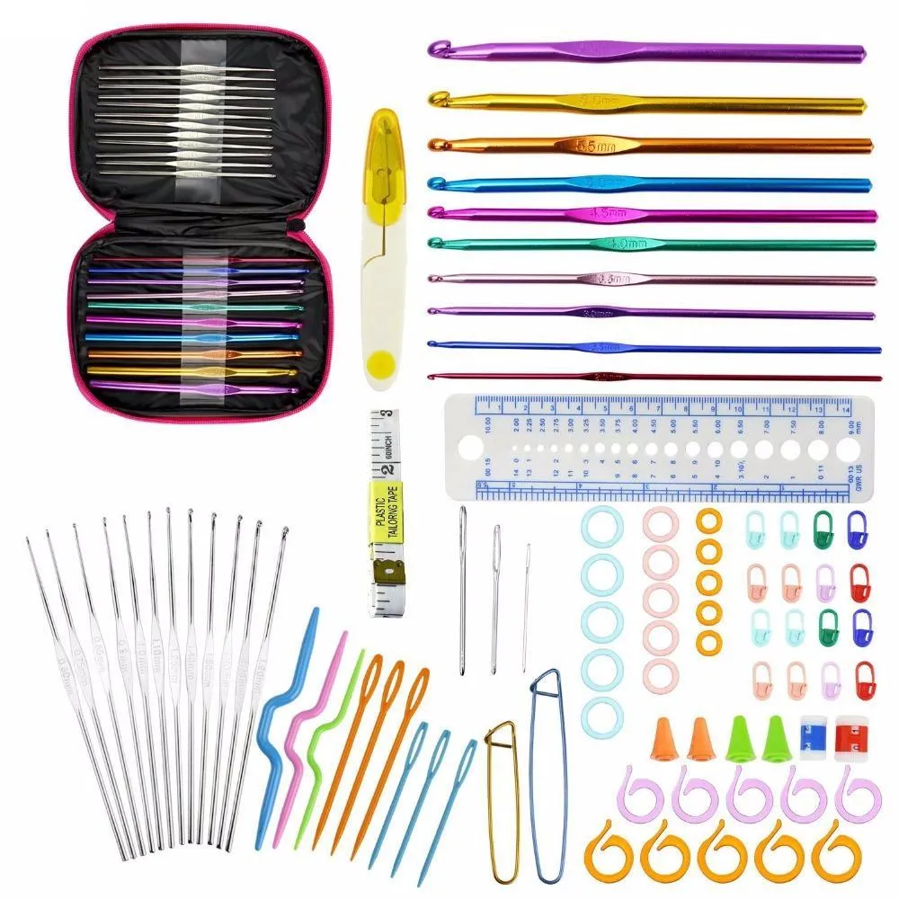 90pcs Crochet Hooks Set  Ergonomics Knitting Needles Aluminum Weave Craft Sewing Tools with  Case Bag