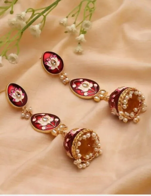 Alloy Base Metal Gold-Toned Kundan Oval Jhumkas Earrings for Women & Girls By House of Ree