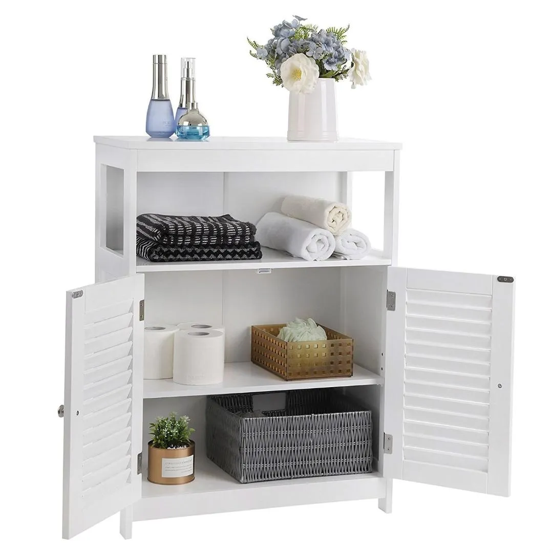 Bathroom Floor Cabinet with White Louver Doors and Storage Shelf