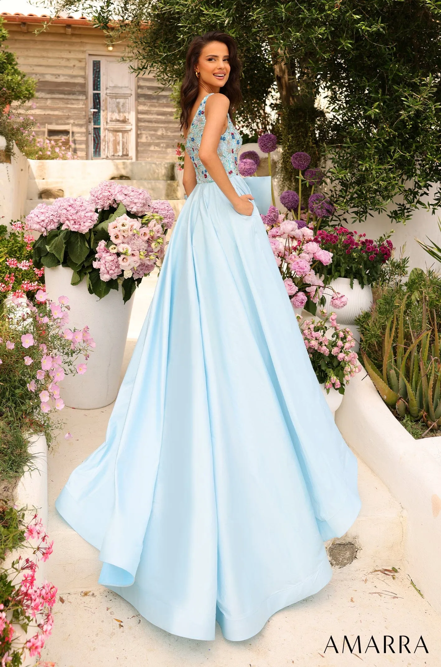 Beaded One Shoulder A-line Bow Gown by Amarra 94041