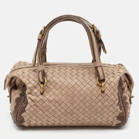 Beige Intrecciato Leather Boston Bag