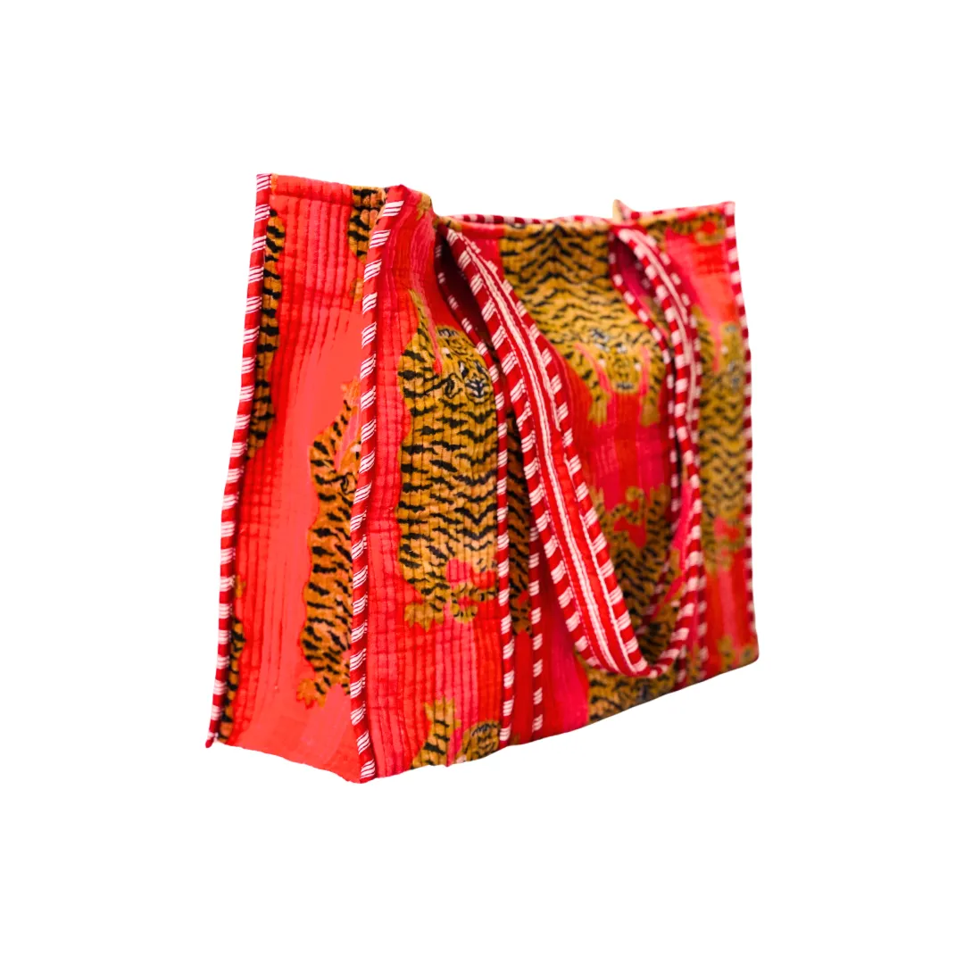 Boho Quilted Indian Block Velvet Tote Bag | Red x Orange Tiger