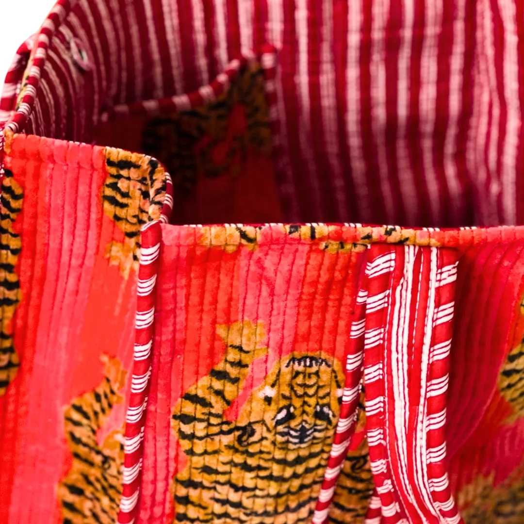 Boho Quilted Indian Block Velvet Tote Bag | Red x Orange Tiger