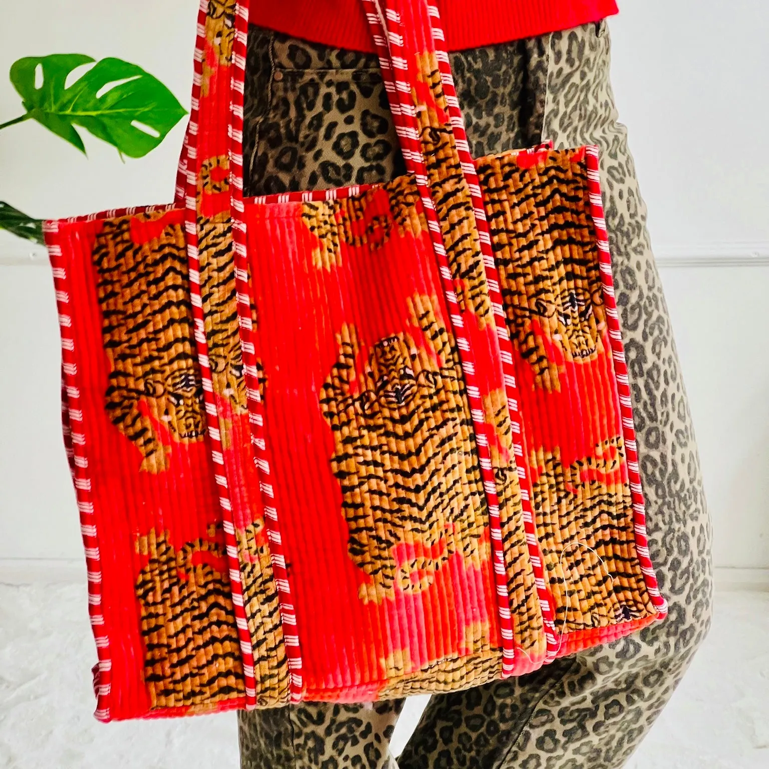 Boho Quilted Indian Block Velvet Tote Bag | Red x Orange Tiger