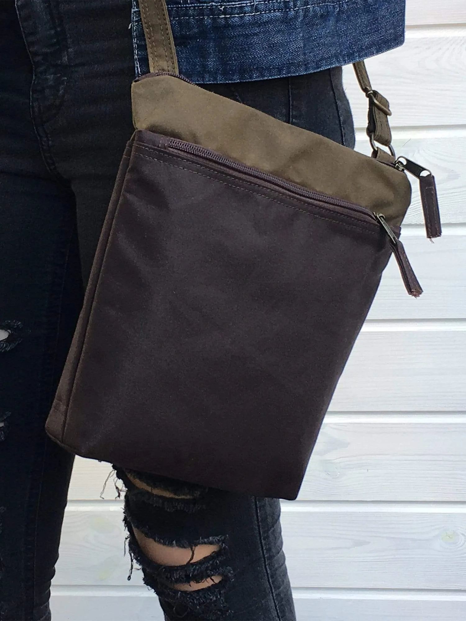 Brown and Toffee Waxed Canvas Cross Body Bag, Vegan Purse | Aris Bags