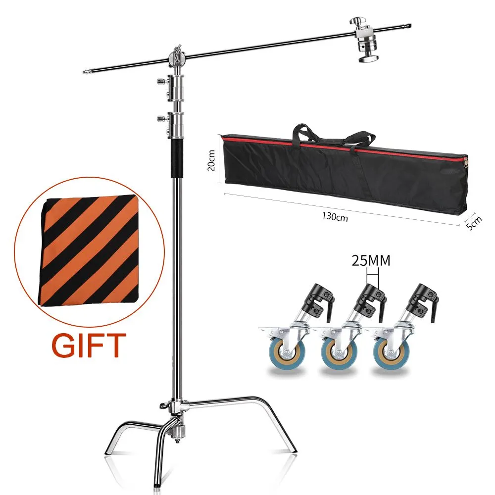 C-Stand SH Heavy Duty Stainless Steel with Hold Arm and Grip Head and Wheels 260cm Stand with Adjustable Leg for Photography