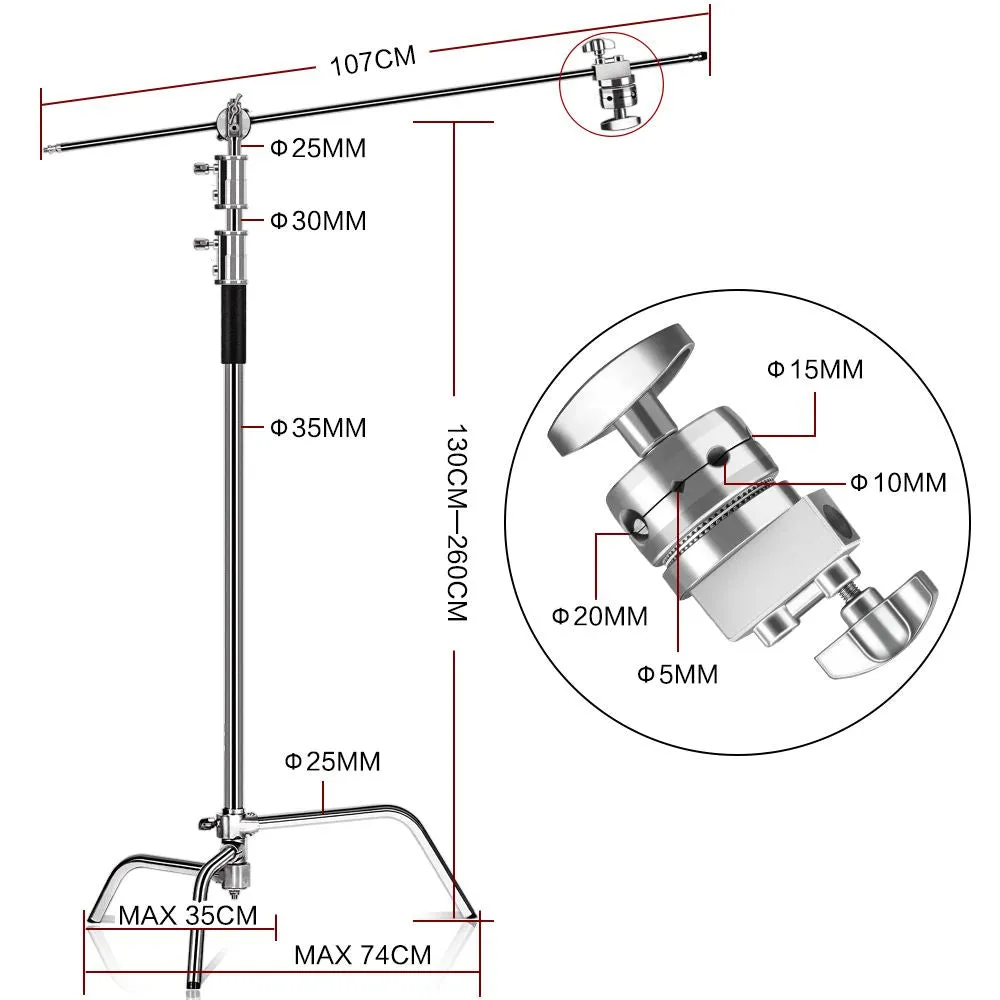 C-Stand SH Heavy Duty Stainless Steel with Hold Arm and Grip Head and Wheels 260cm Stand with Adjustable Leg for Photography