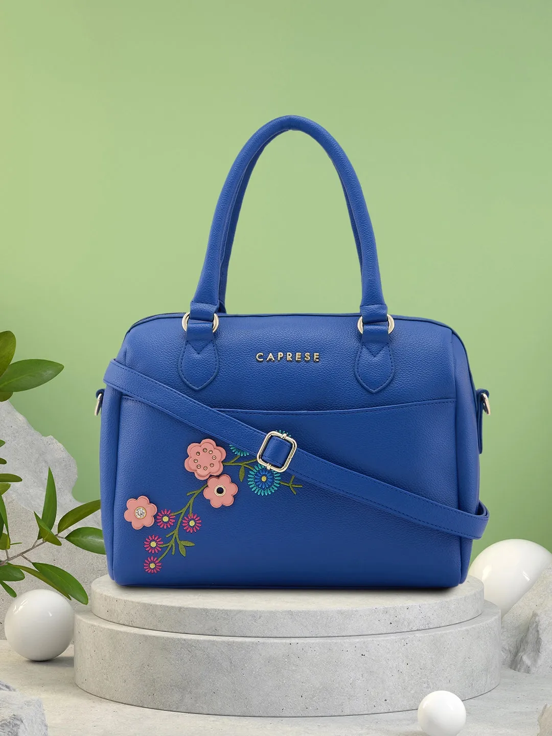 Caprese Erica Satchel Medium Blue Embroidered Women'S Handbag Blue