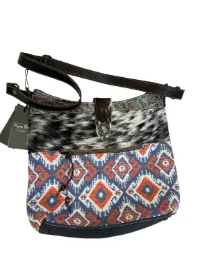 Cowhide, Tapestry and leather shoulder bag with leather strap