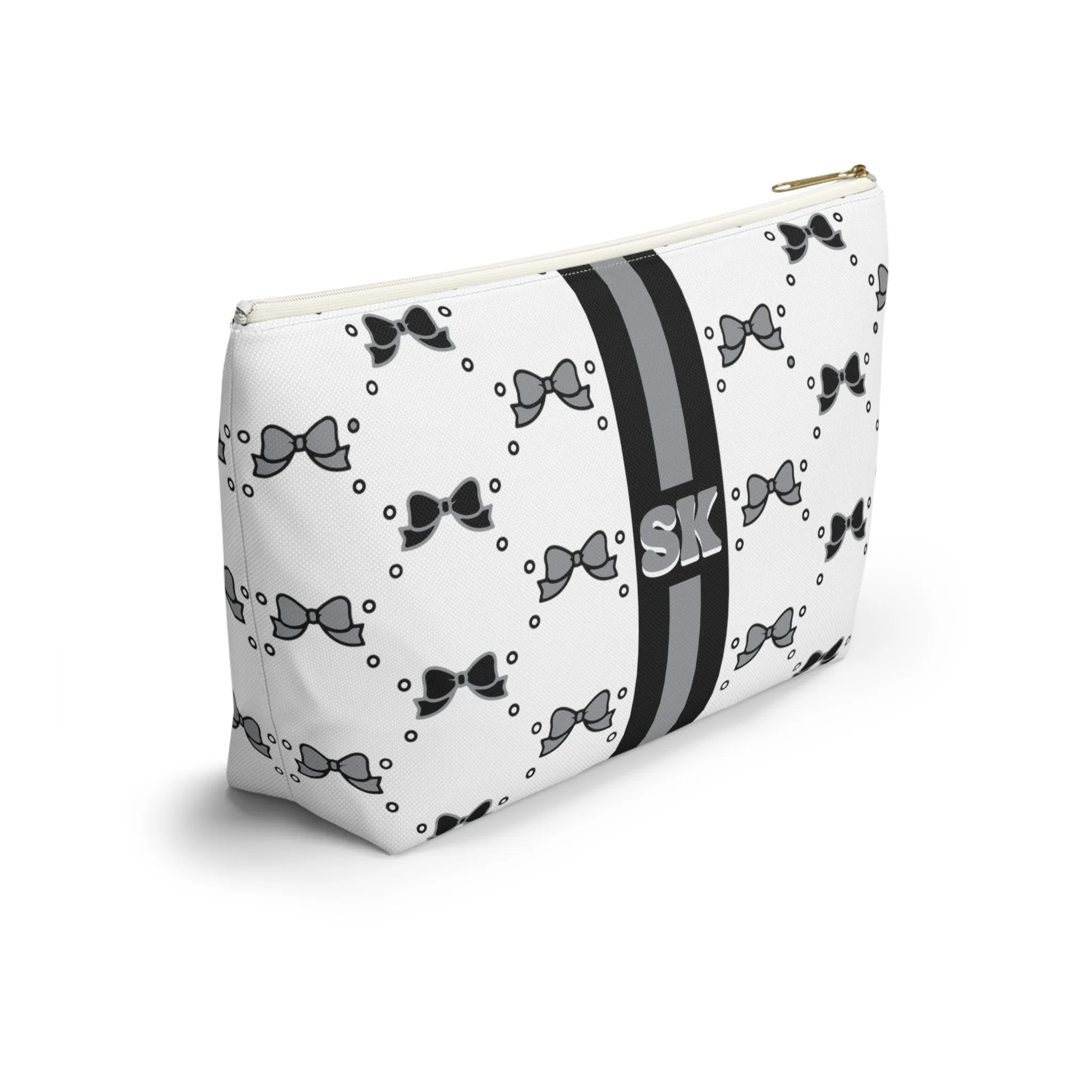 Custom Initial Personalized Bow Makeup Bag - Custom Initial, Makeup Bag, Black and White, Black and Grey, Personalized, Bow Aesthetic