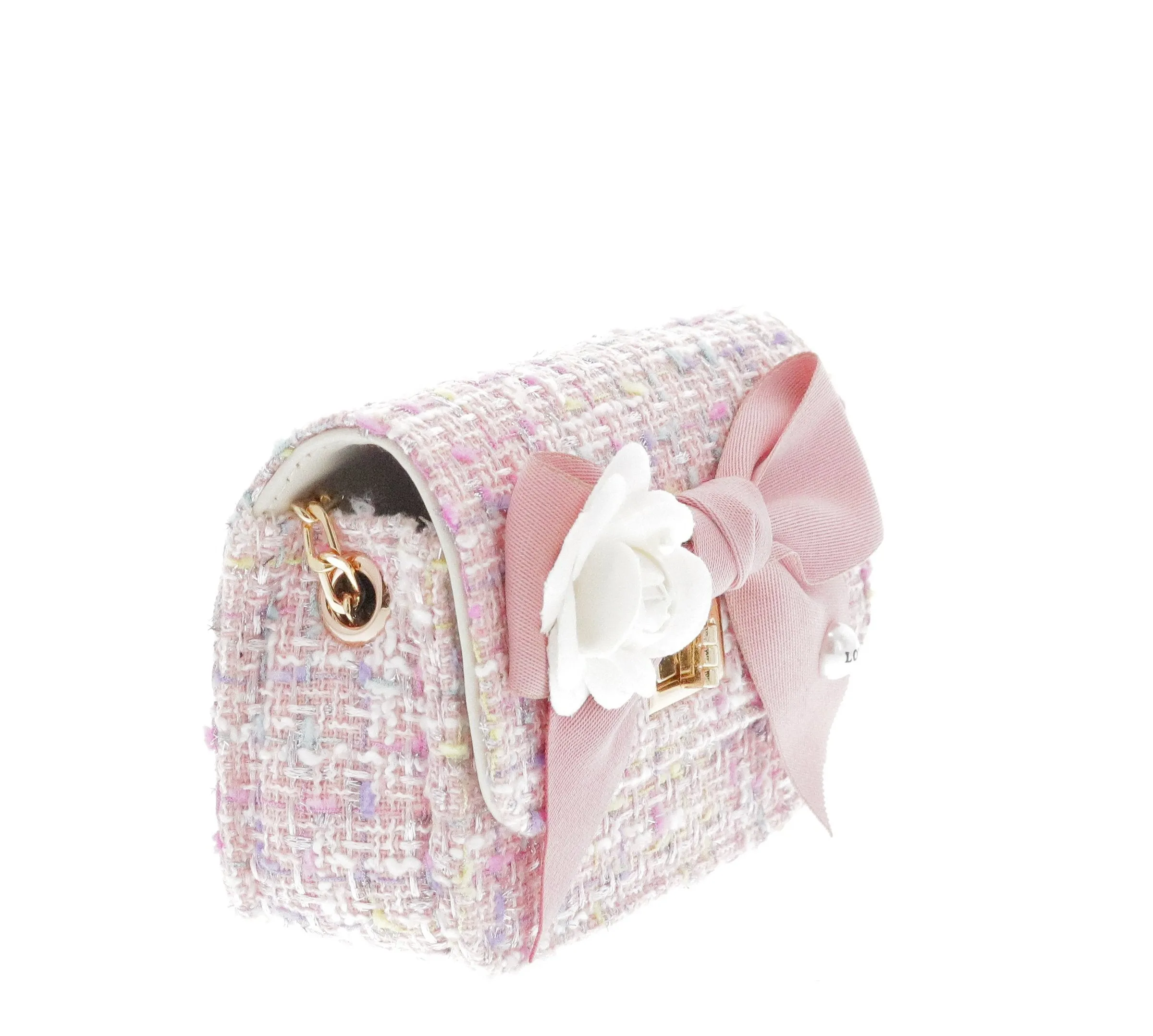 Doe A Dear Pink Boucle Bow Front Cross Body Handbag