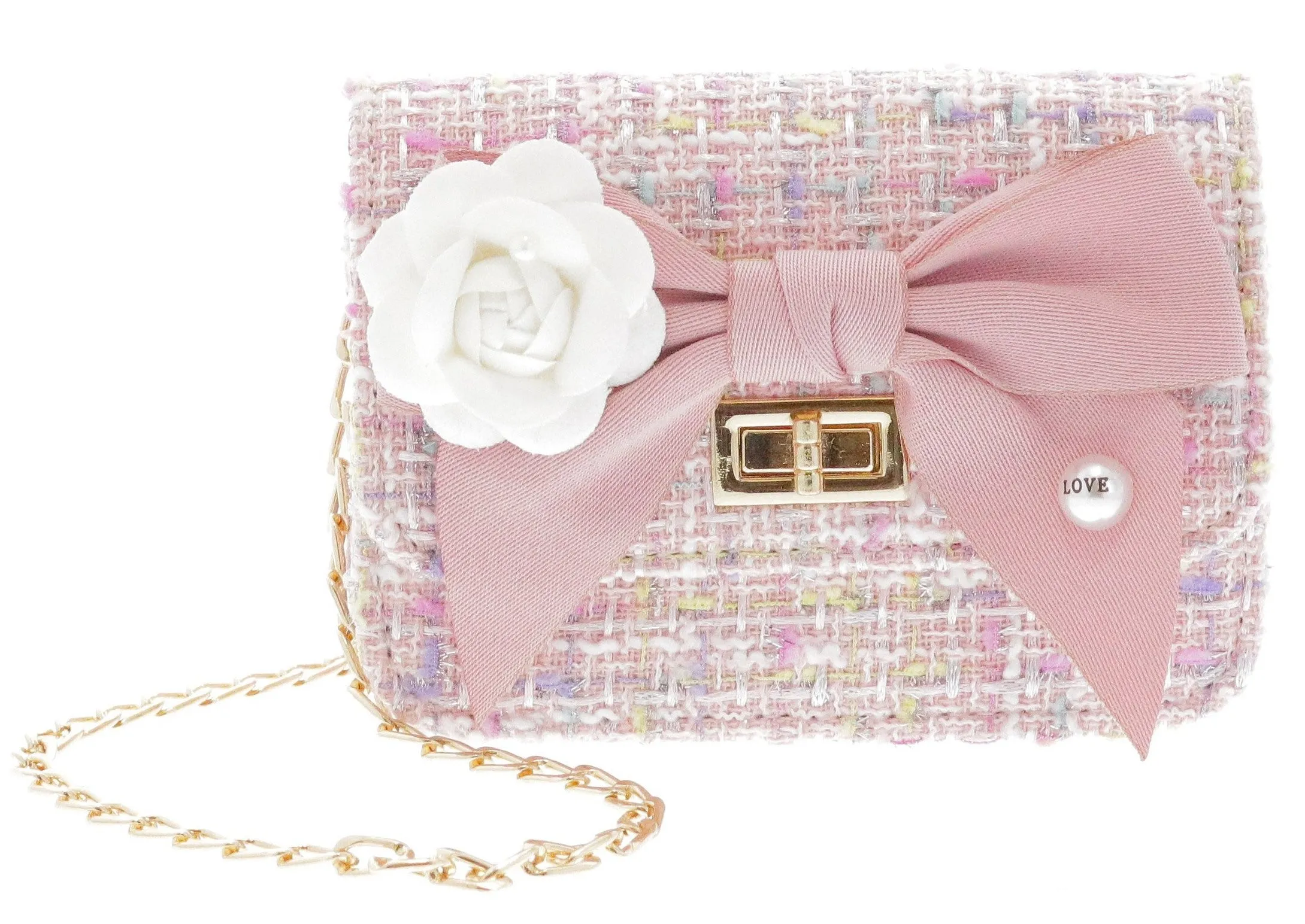 Doe A Dear Pink Boucle Bow Front Cross Body Handbag