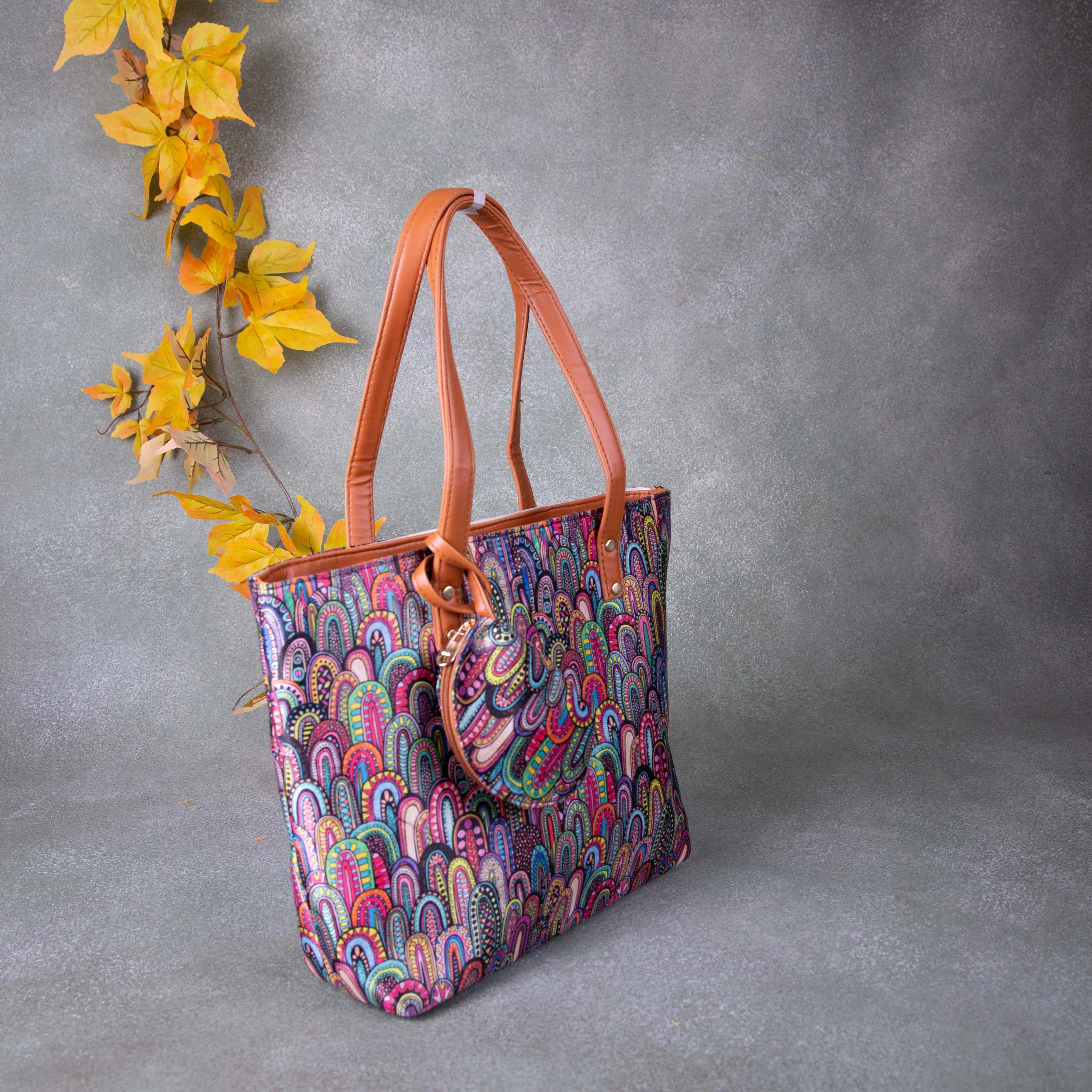 Double Zippered Tote Multi-Colour Flower Design.