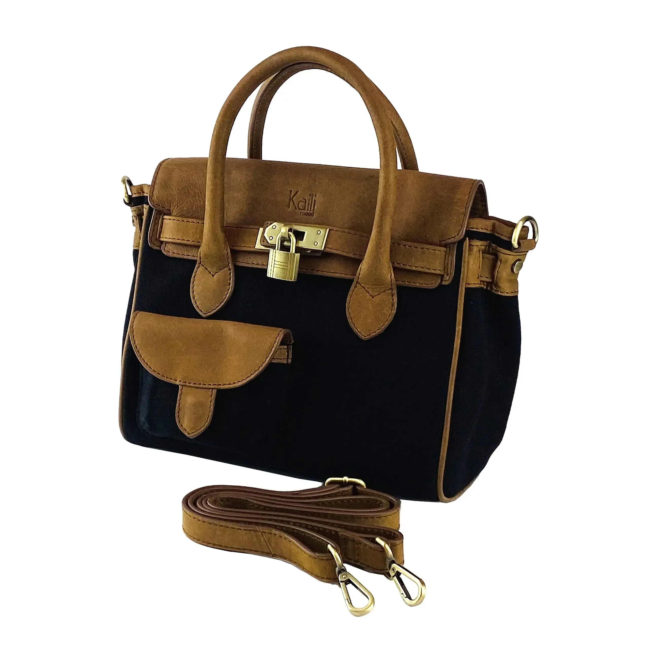 Elegant Italian Canvas and Leather Mini Handbag - Exquisite Handmade Craftsmanship