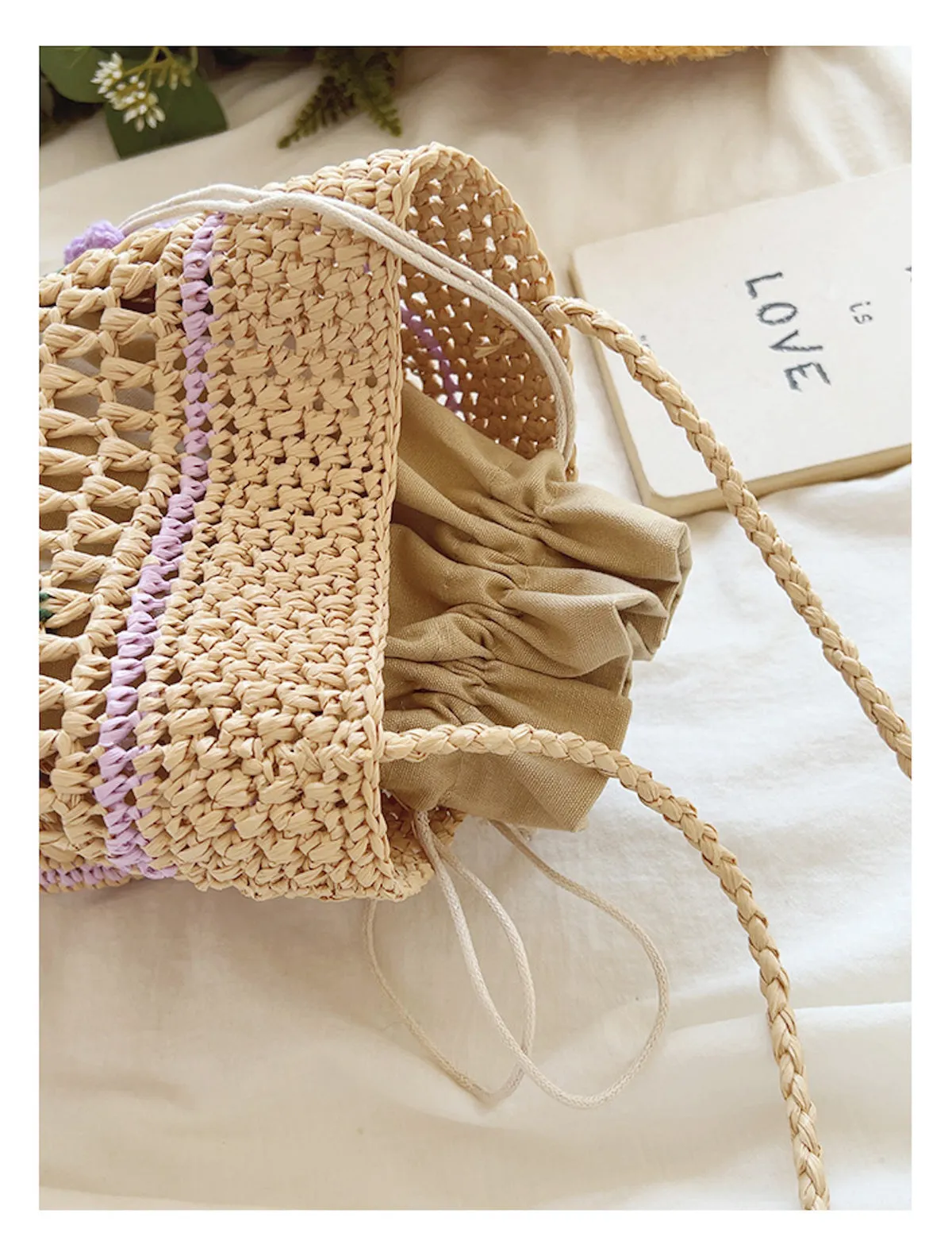 Elena Handbags Floral Raffia Shoulder Bucket Bag Lavender Straw Bag