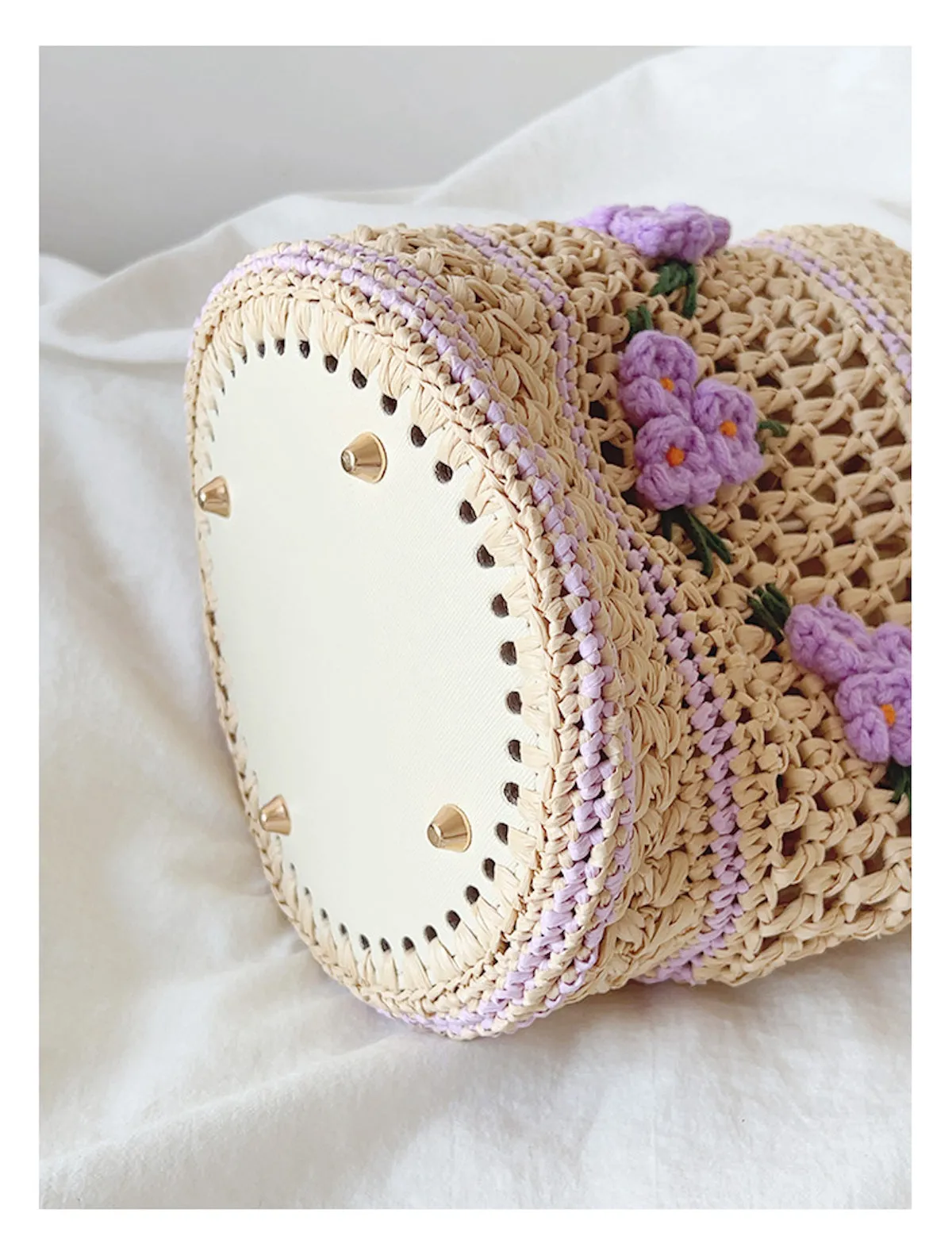 Elena Handbags Floral Raffia Shoulder Bucket Bag Lavender Straw Bag