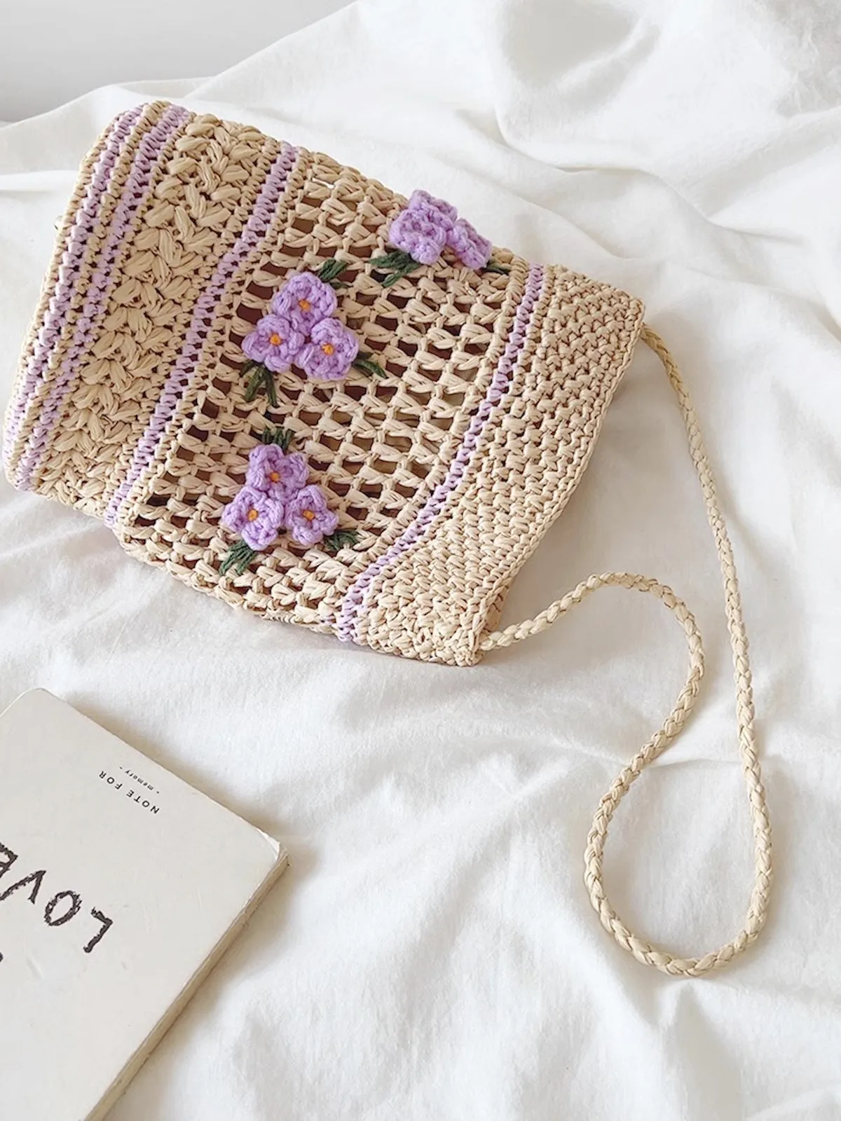 Elena Handbags Floral Raffia Shoulder Bucket Bag Lavender Straw Bag