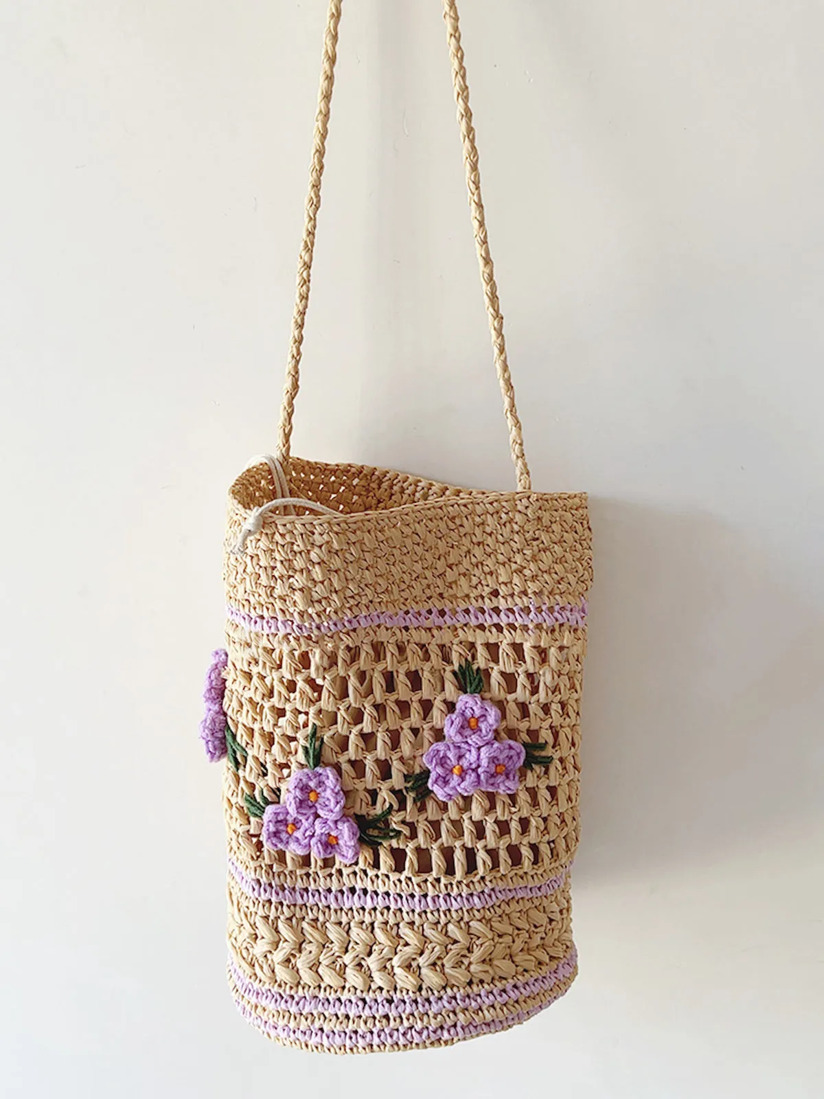 Elena Handbags Floral Raffia Shoulder Bucket Bag Lavender Straw Bag