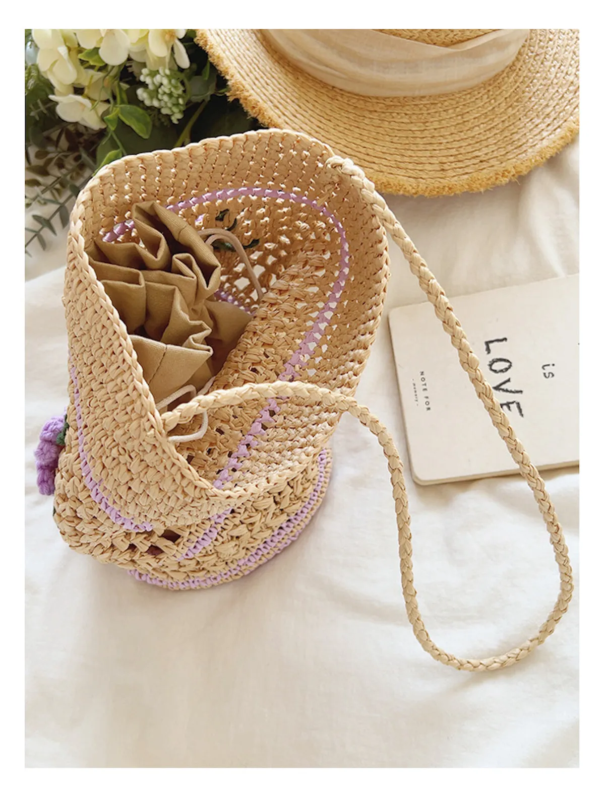 Elena Handbags Floral Raffia Shoulder Bucket Bag Lavender Straw Bag