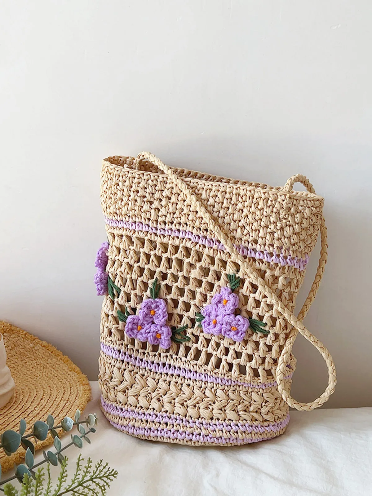 Elena Handbags Floral Raffia Shoulder Bucket Bag Lavender Straw Bag