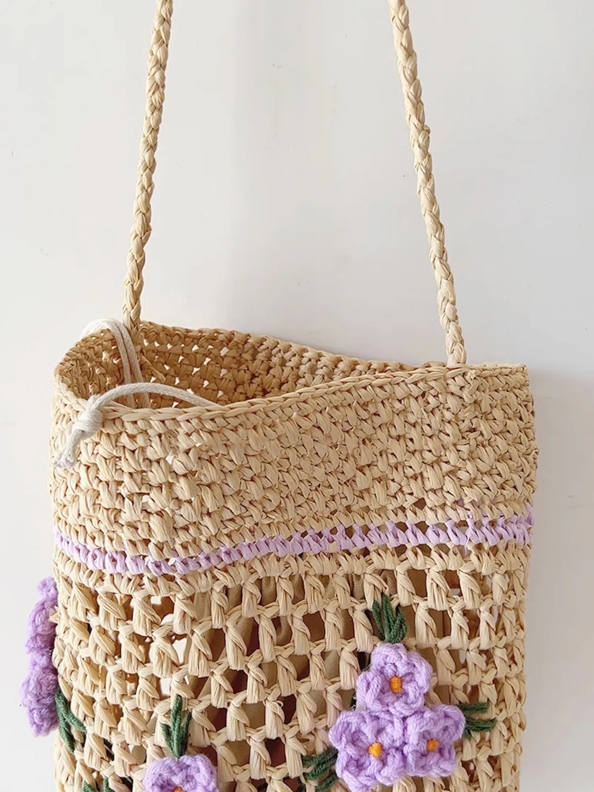 Elena Handbags Floral Raffia Shoulder Bucket Bag Lavender Straw Bag