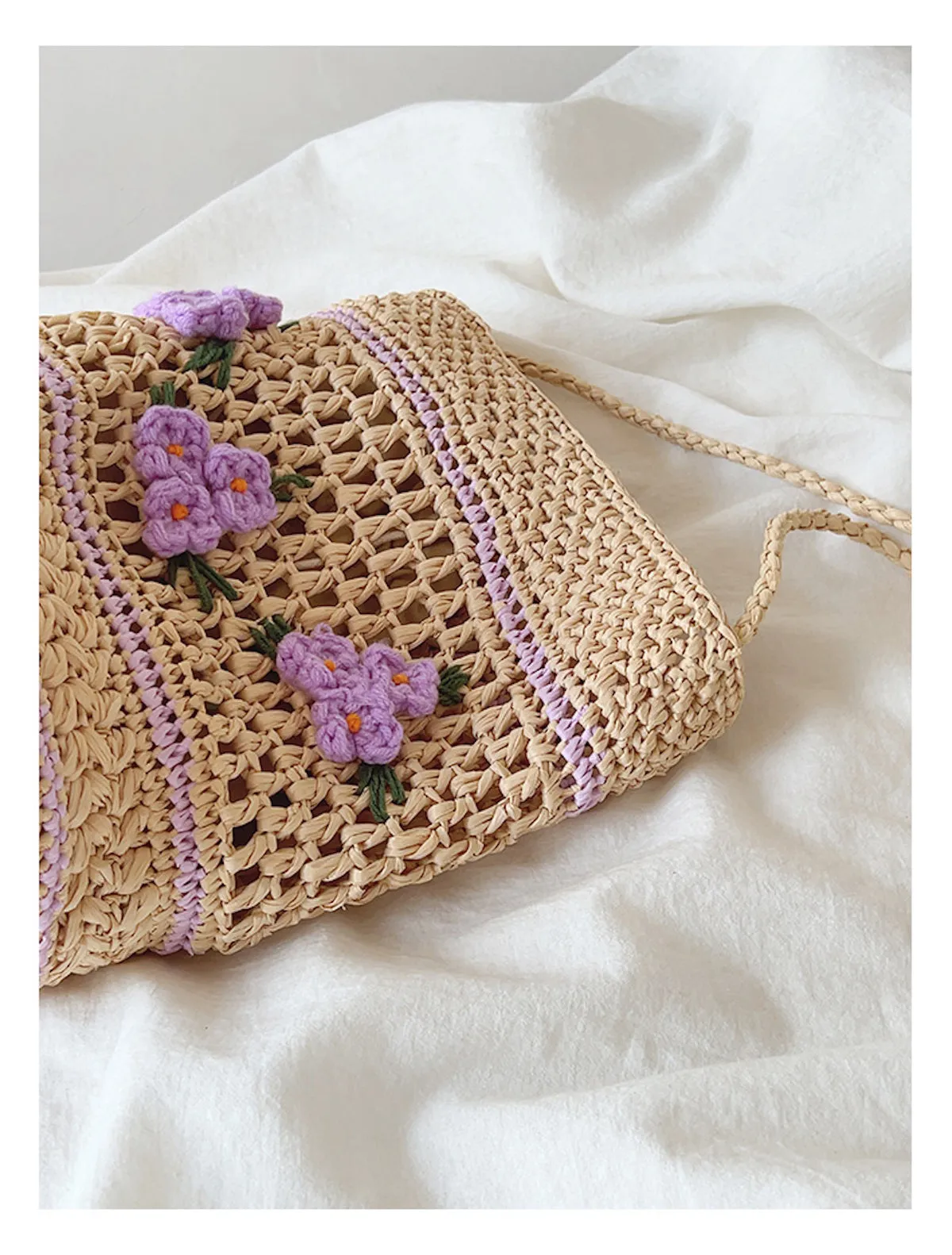 Elena Handbags Floral Raffia Shoulder Bucket Bag Lavender Straw Bag