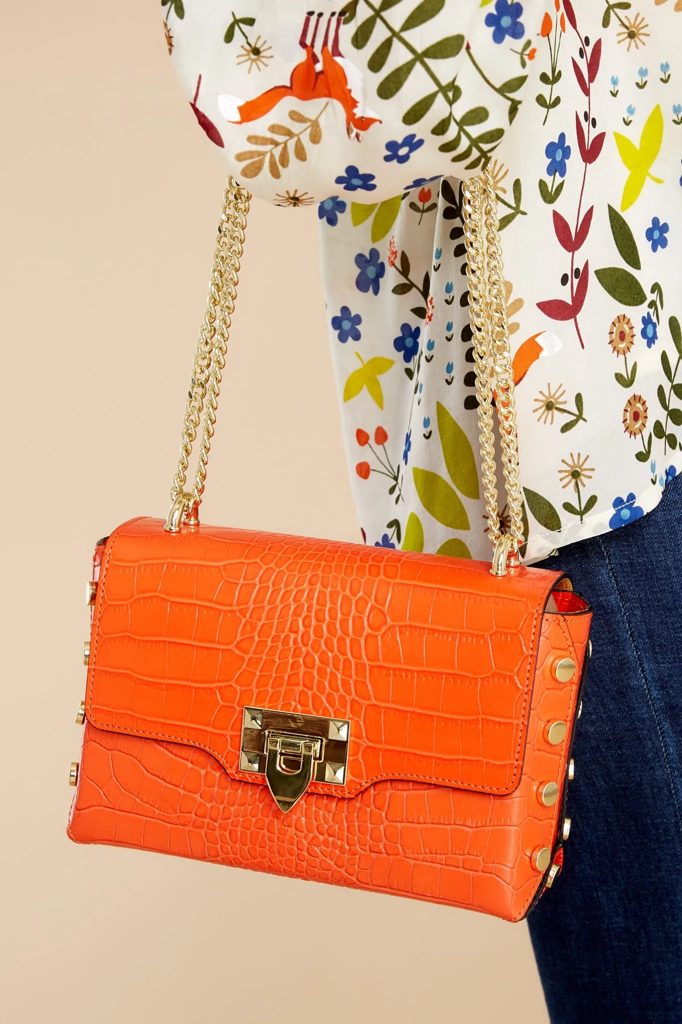 Embellished Edge Orange Snake Print Studded Bag