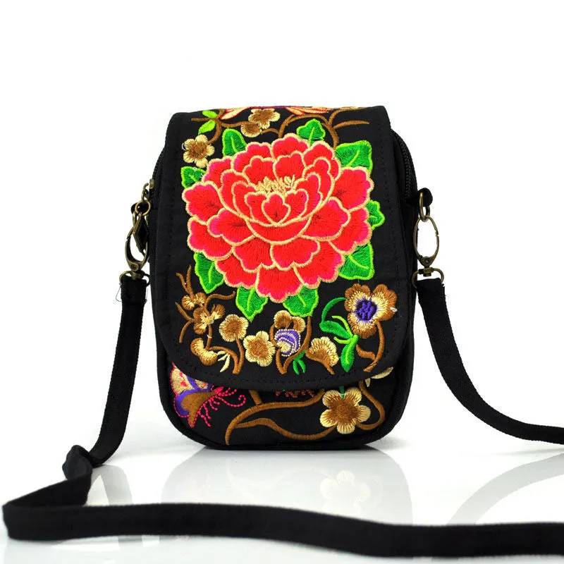 Ethnic Style Bag Small Bag Women's New Mini Diagonal Canvas Small SquareFlower Versatile Mobile Phone Coin Purse