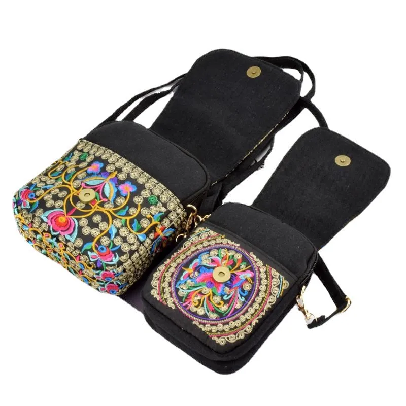 Ethnic Style Bag Small Bag Women's New Mini Diagonal Canvas Small SquareFlower Versatile Mobile Phone Coin Purse