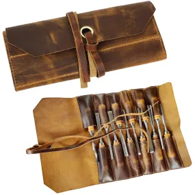 Full Grain Leather Tool Roll Up Pouch- Handcrafted Tool Kit (12 Slots)