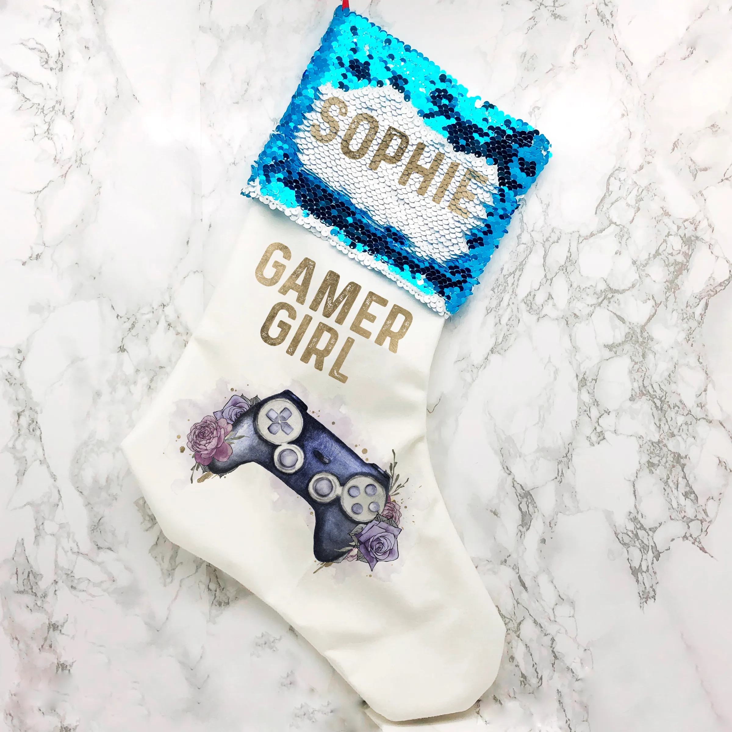 Gamer Girl Floral Personalised Sequin Topped Christmas Stocking