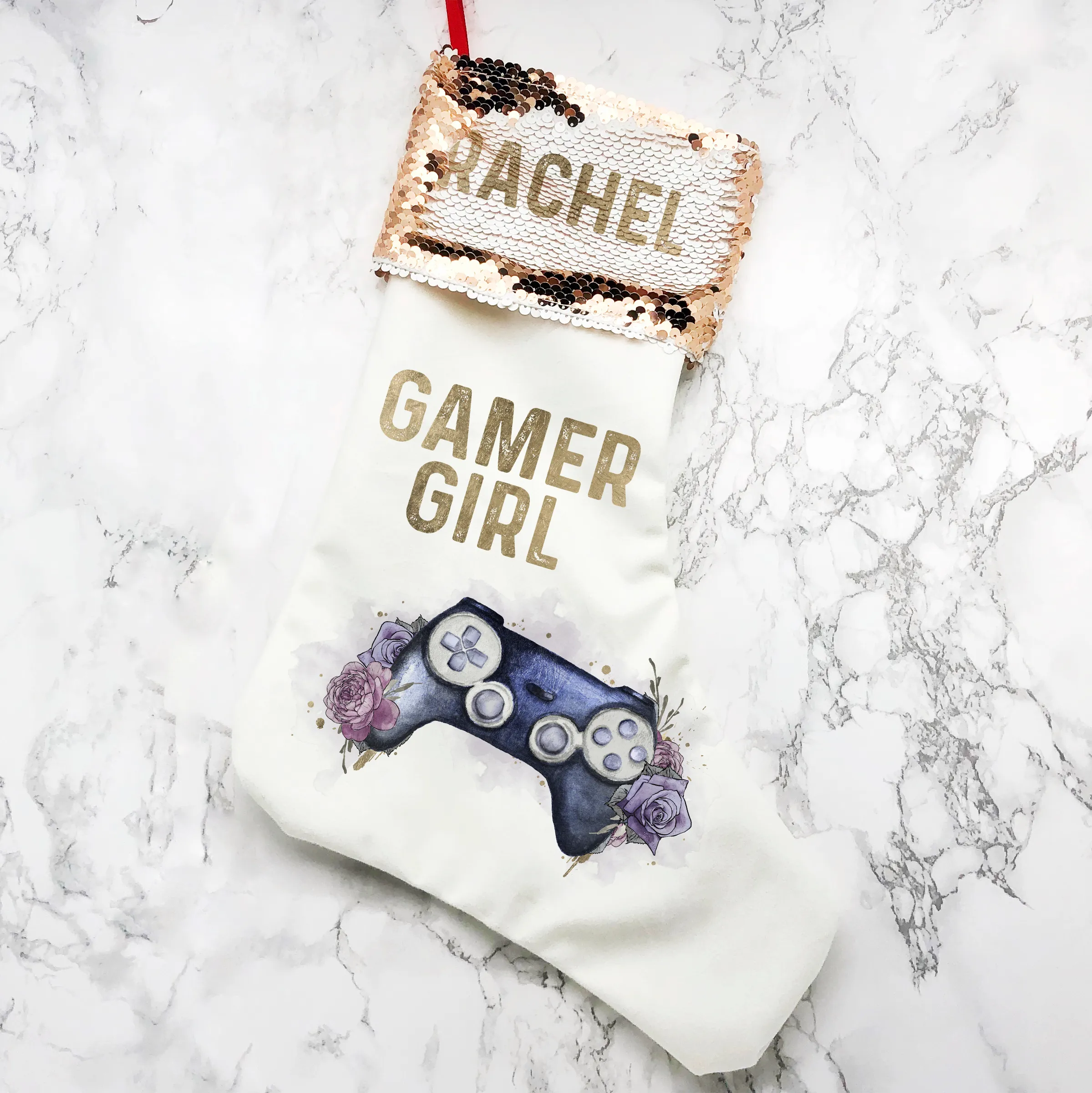 Gamer Girl Floral Personalised Sequin Topped Christmas Stocking