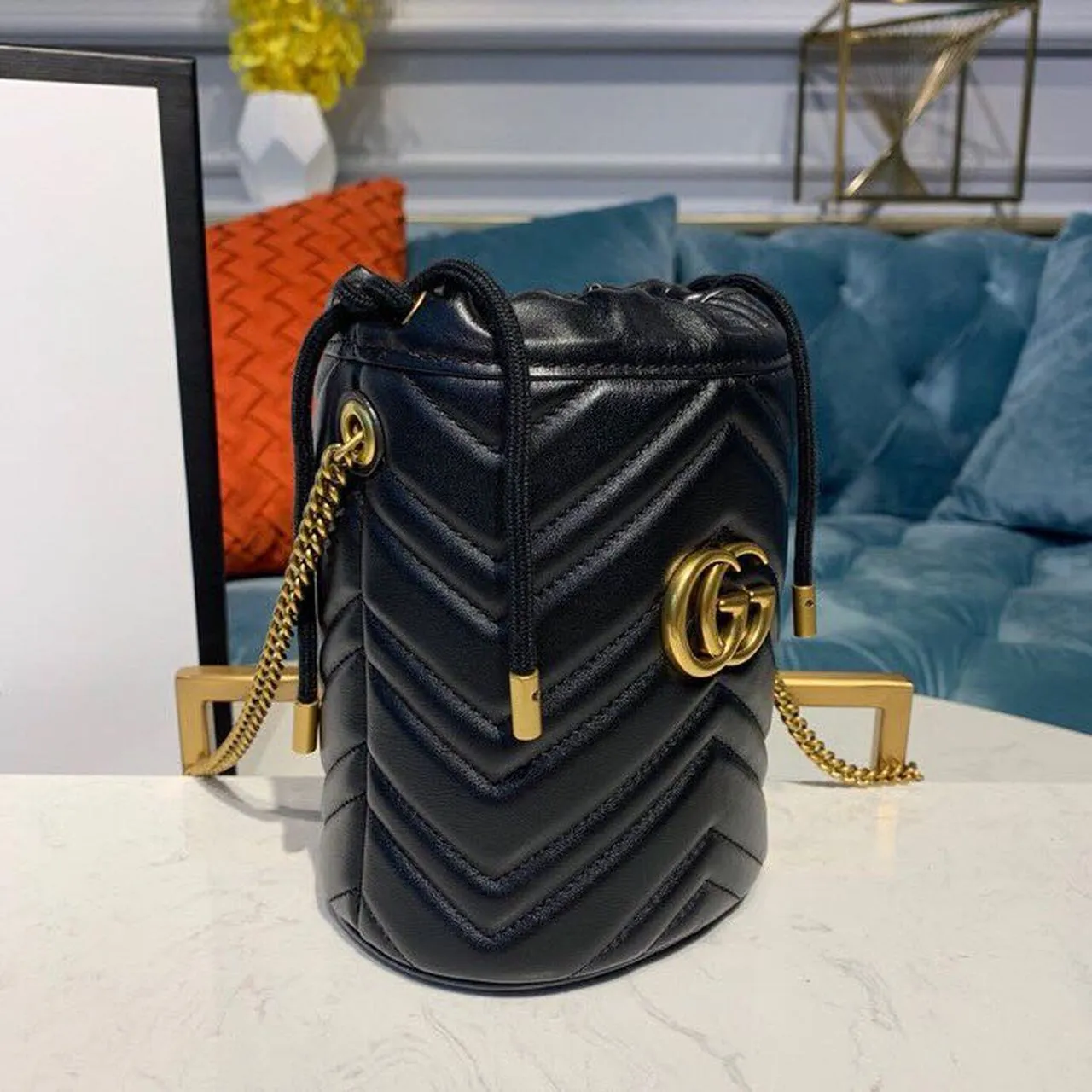 gg Marmont Mini Bucket Bag Black Matelassé Chevron For Women 6in/13cm gg 575163 575163 DTDRT 1000