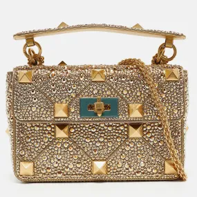 Gold Crystal Studded Medium Roman Stud Top Handle Bag