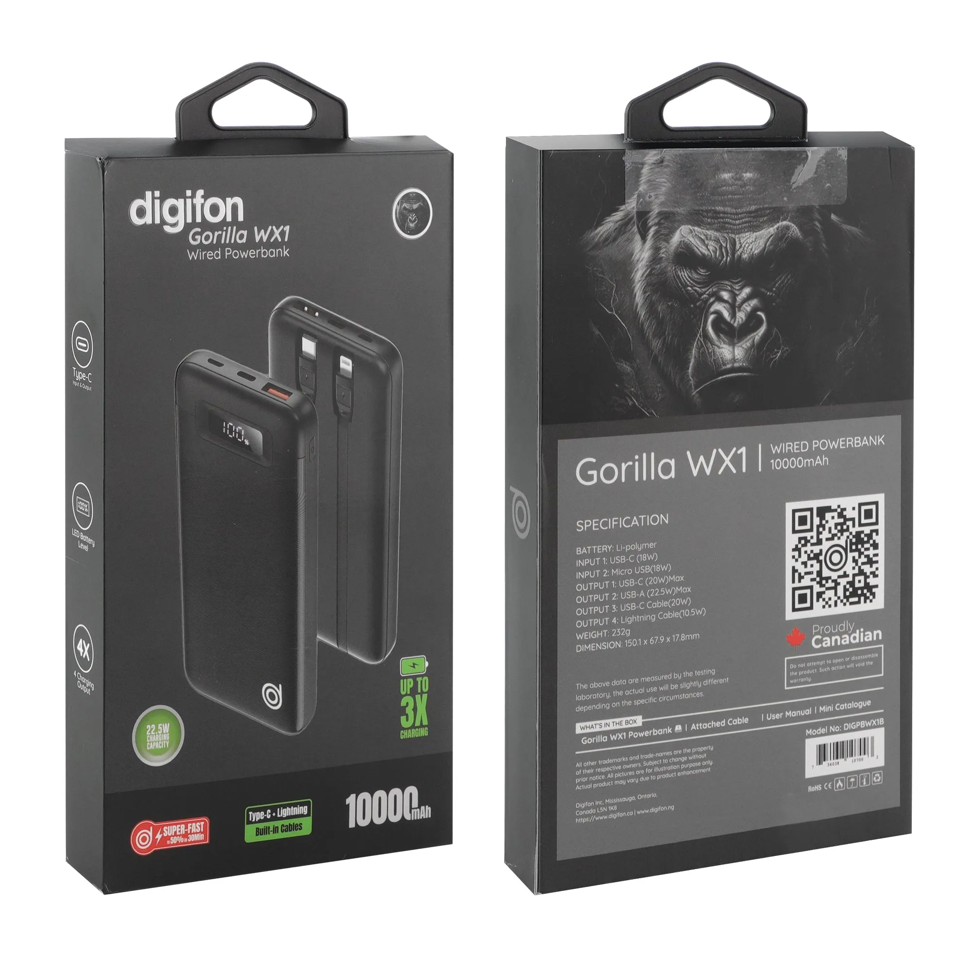 Gorilla WX1 10,000mAh Super-fast Charging 22.5W Wired Power Bank - digifon