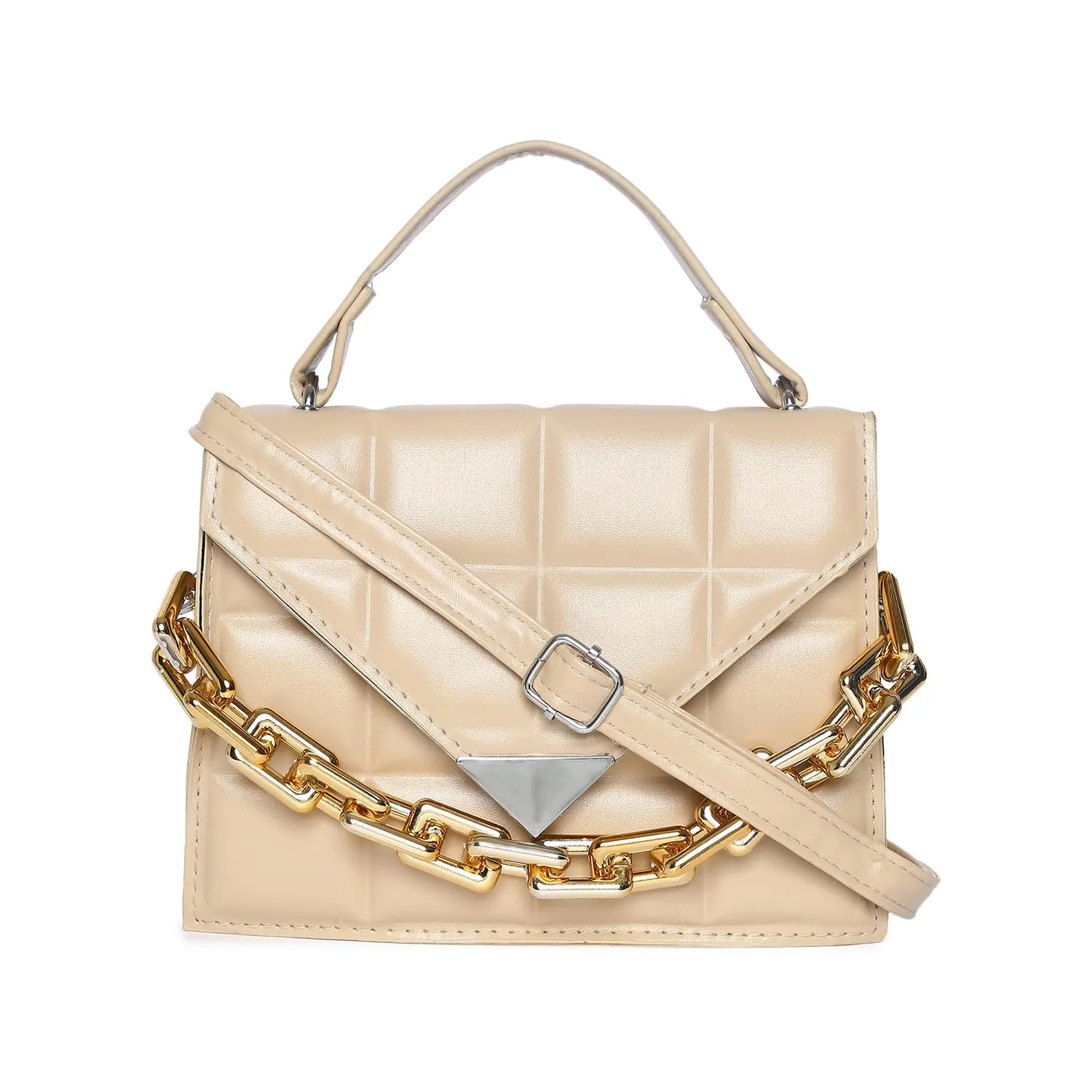 Haute Sauce Women's Quilted Magnet Lock Sling Bag with Chain detail (AZ_HSHB1014) Beige