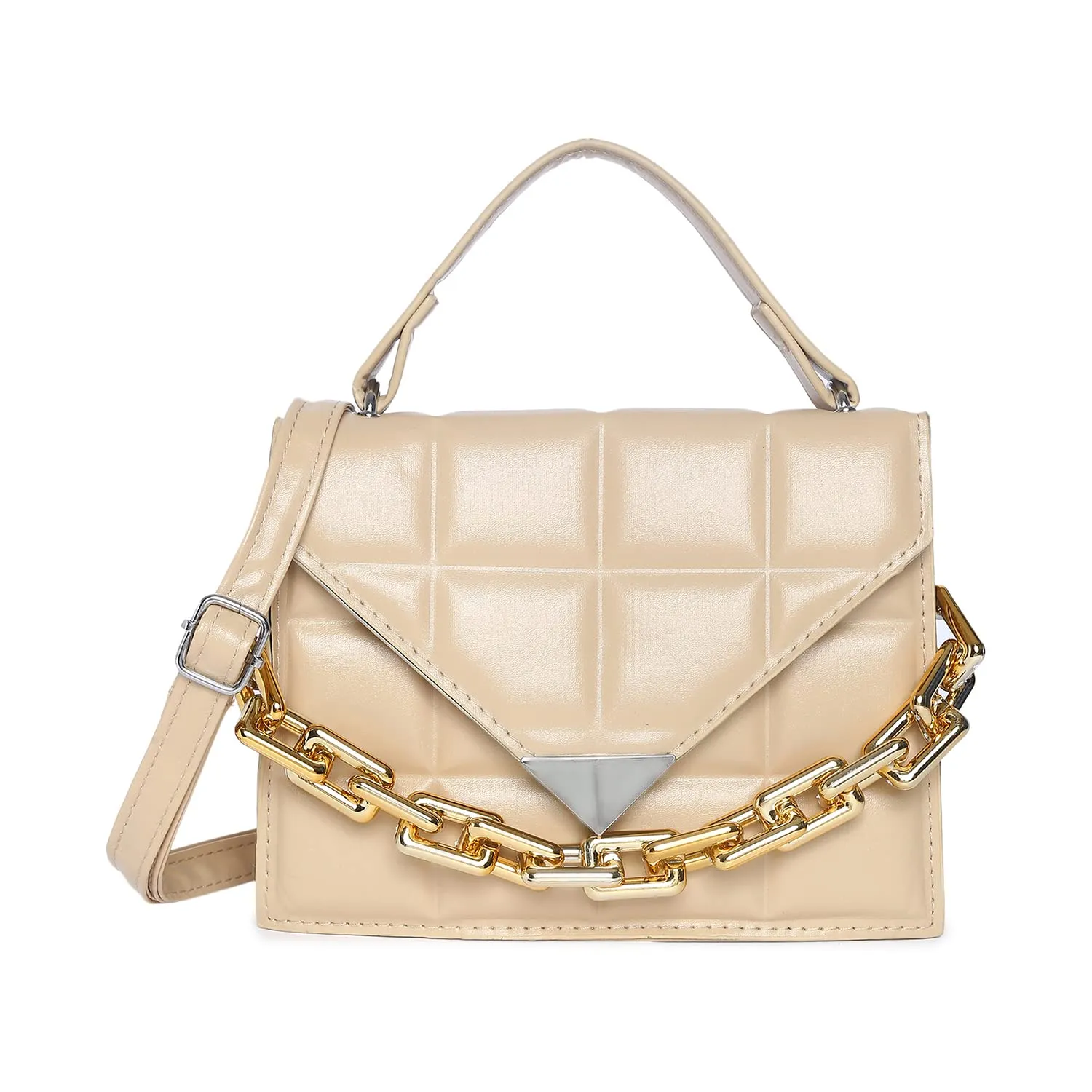 Haute Sauce Women's Quilted Magnet Lock Sling Bag with Chain detail (AZ_HSHB1014) Beige