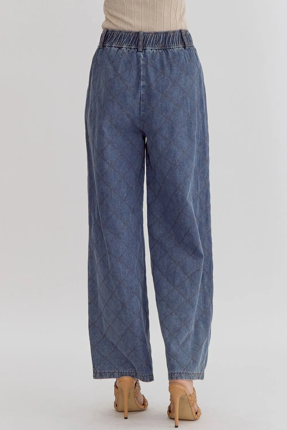 High Waisted Denim w/ Stitching Wide Leg Trouser