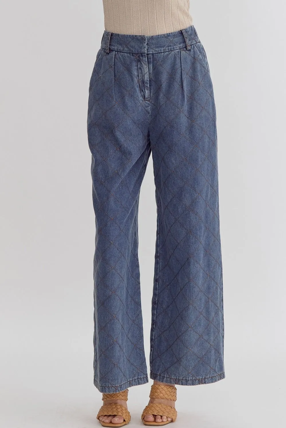 High Waisted Denim w/ Stitching Wide Leg Trouser