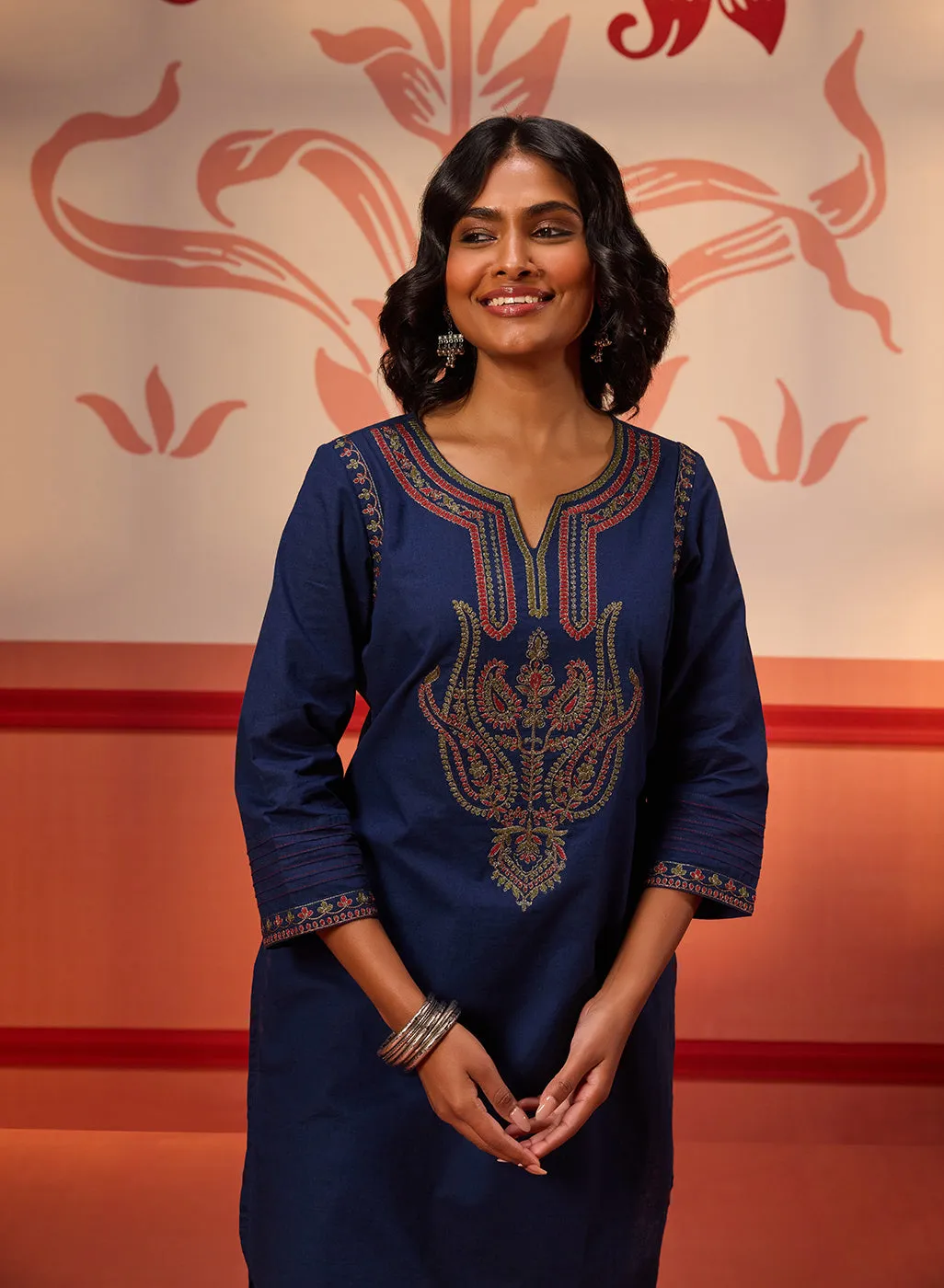 Khurshid Navy Blue Embroidered Cotton Linen Designer Kurta Set for Women