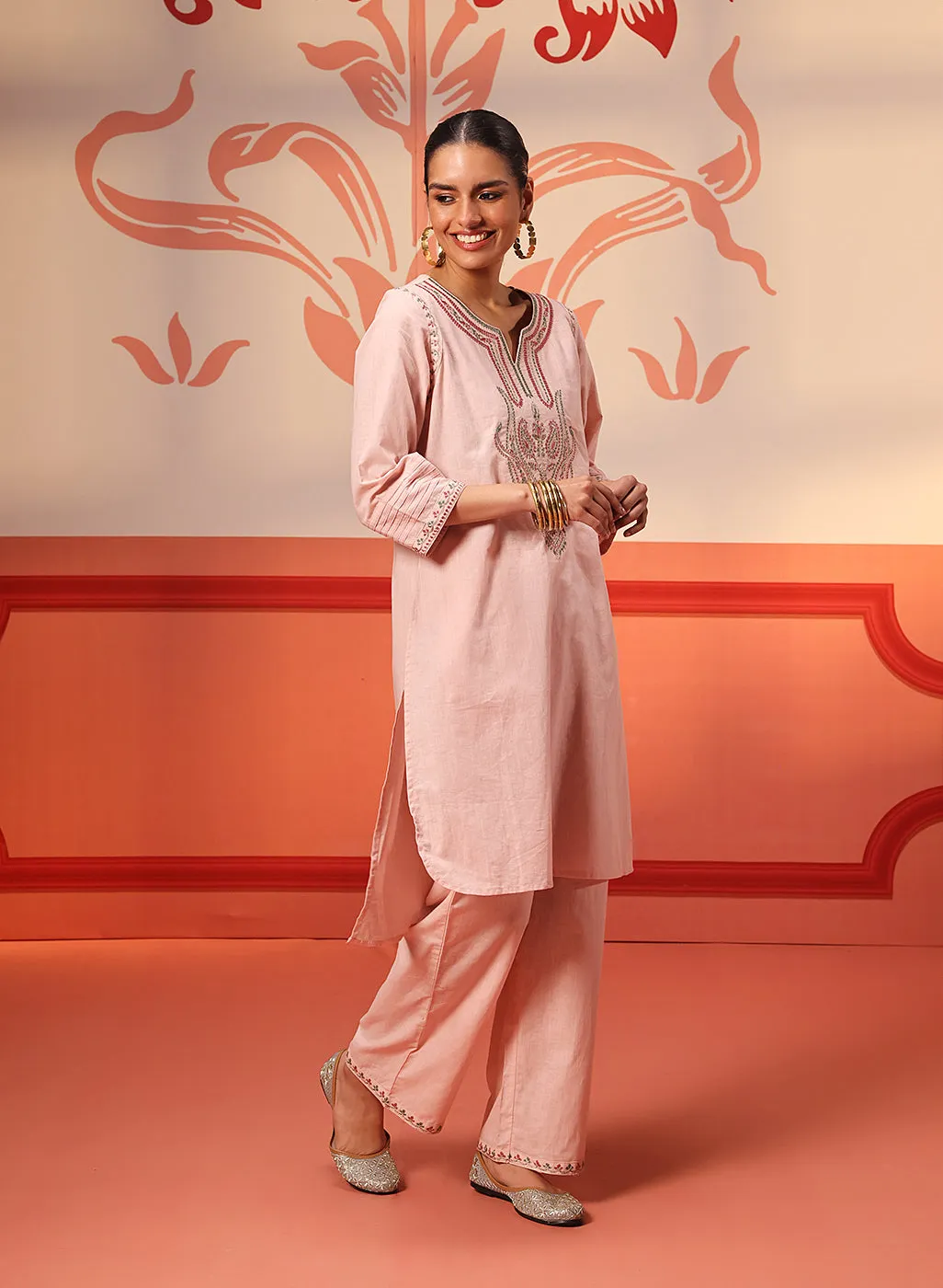 Khurshid Salmon Pink Embroidered Cotton Linen Designer Kurta Set for Women