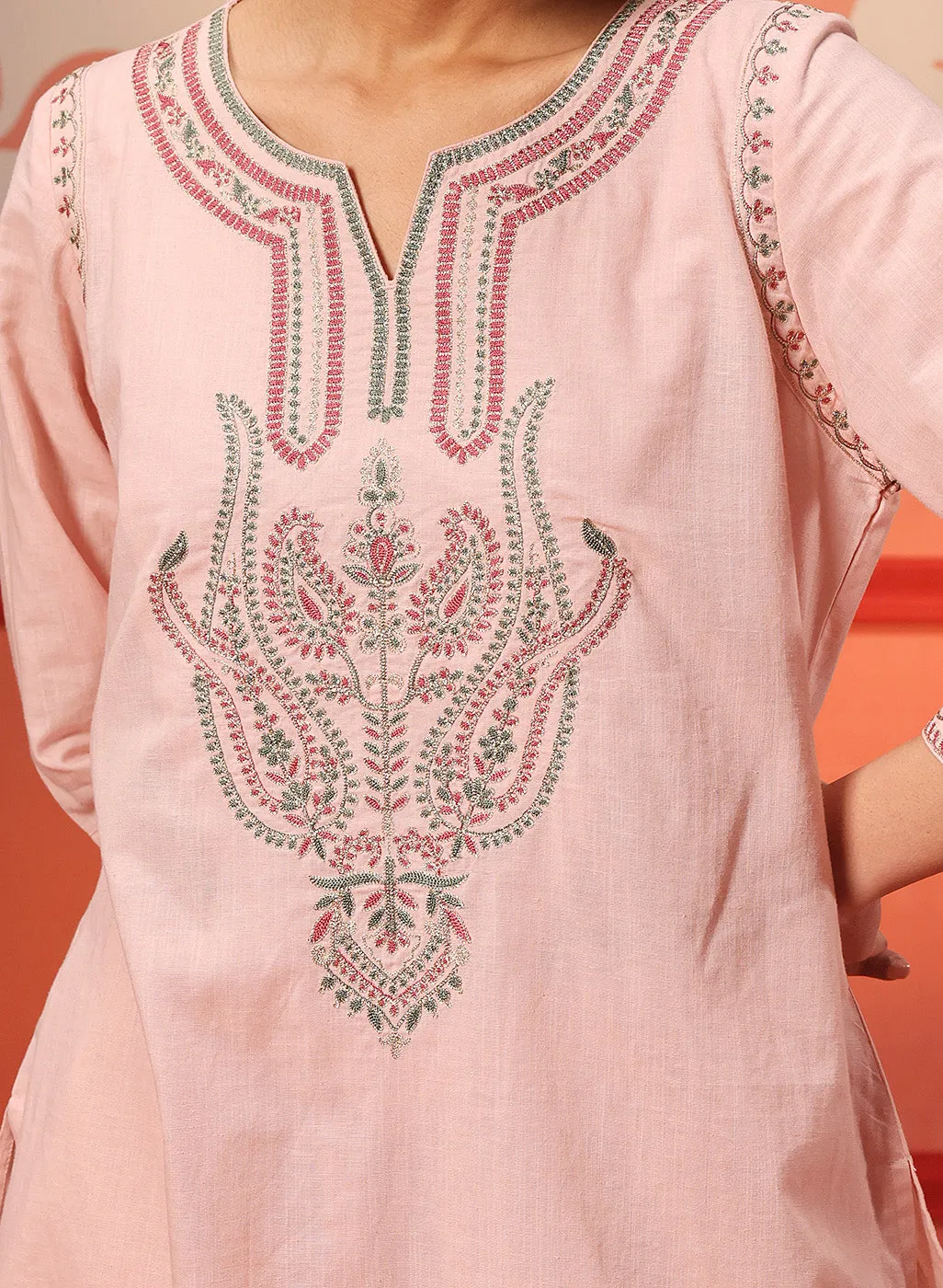 Khurshid Salmon Pink Embroidered Cotton Linen Designer Kurta Set for Women