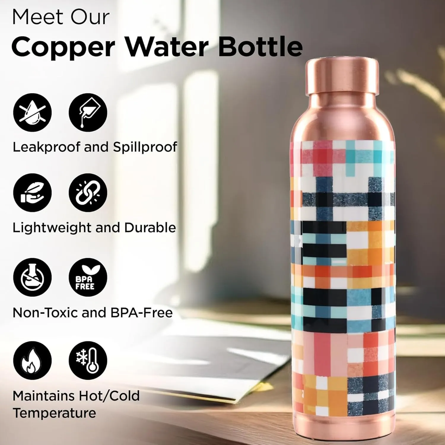 Kuber Industries Pack of 6 Copper Water Bottle - Eco-Friendly & Leakproof Detox Tamaba Bottle for Office/Gym/Yoga/College, Men & Women-950ml | Colorful