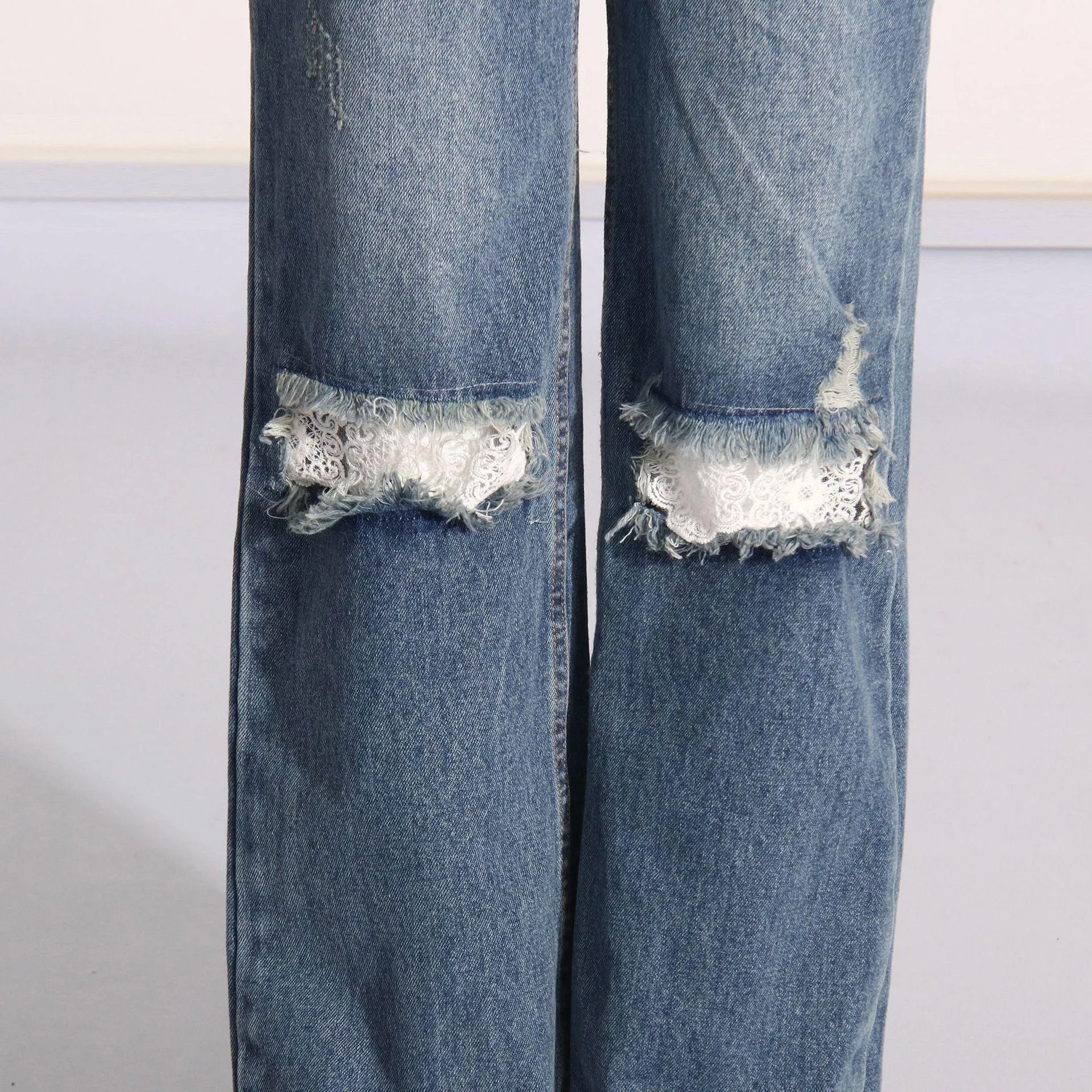 Ladies Lace Waist Distressed Jeans Stright Leg Denim Pants SXP504210