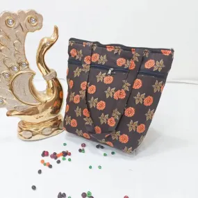 Medium Size Handbag Brown with Orange Flower Design.