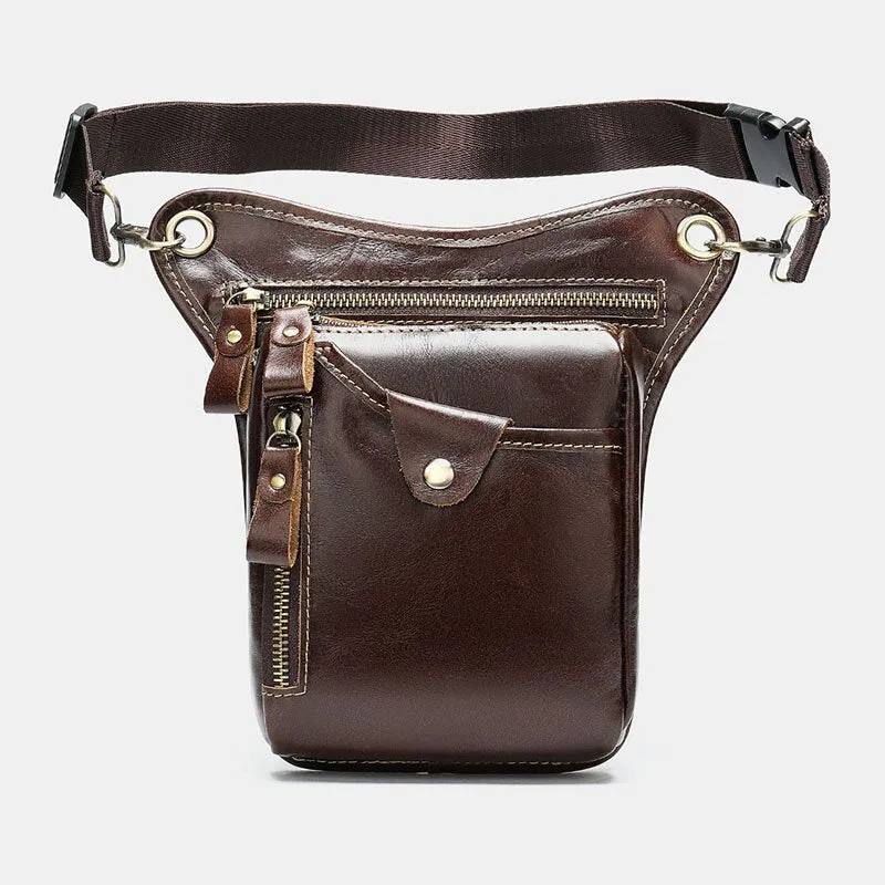 Men Genuine Leather Solid Color Outdoor Sport Practical Wear-resistance Belt Bag Leg Bag Waist Bag