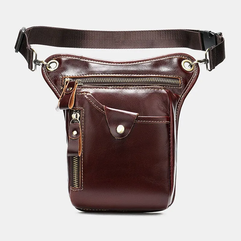 Men Genuine Leather Solid Color Outdoor Sport Practical Wear-resistance Belt Bag Leg Bag Waist Bag