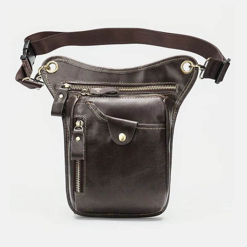 Men Genuine Leather Solid Color Outdoor Sport Practical Wear-resistance Belt Bag Leg Bag Waist Bag