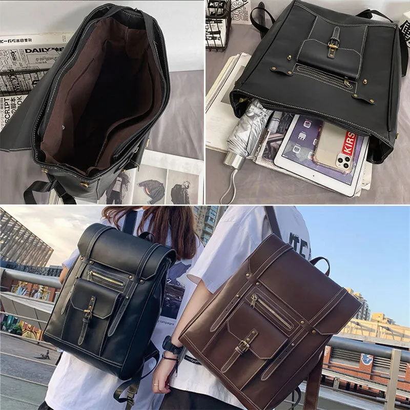 Men Retro PU Soft Leather Large Capacity Backpack Waterproof Breathable Front Pocket Design Shoulder Bag