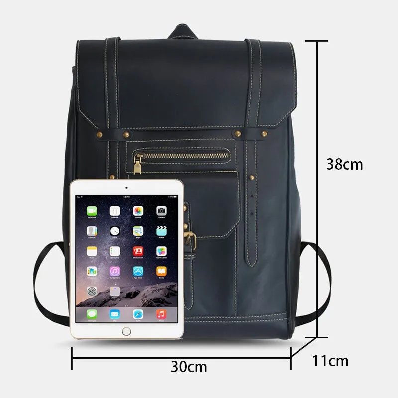 Men Retro PU Soft Leather Large Capacity Backpack Waterproof Breathable Front Pocket Design Shoulder Bag